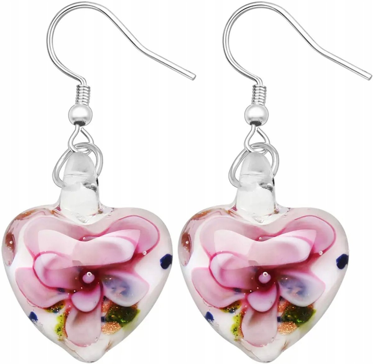 Kolczyki Serca Szklane Różowe Kwiaty Modne Stylowe Eleganckie Sztyft