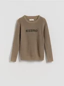 Bluzy dla chłopców - Reserved - Bawełniany sweter z nadrukiem - beżowy - miniaturka - grafika 1