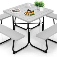 Meble ogrodowe - Stół Piknikowy z 4 Wbudowanymi Ławkami dla 4 do 8 Osób, Stół Ogrodowy z HDPE z Otworem na Parasol, Nośność 225 kg (Szary) - miniaturka - grafika 1