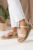 Sandały damskie - Beżowe sandały skórzane damskie na rzep bieżnikowana platforma złote dodatki PRODUKT POLSKI Casu 40443 - miniaturka - grafika 1