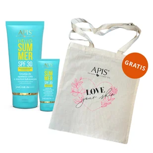 Zestaw Apis Hello Summer, emulsja do opalania z masłem kakaowym, SPF 30, 200 ml + krem do opalania twarzy, SPF 30, 50 ml + torba "Love your skin" gratis - Balsamy i kremy do opalania - miniaturka - grafika 1