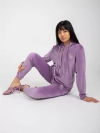 Komplety damskie - Komplet welurowy fioletowy casual bluza i spodnie kaptur rękaw długi nogawka ze ściągaczem długość długa naszywki - miniaturka - grafika 1