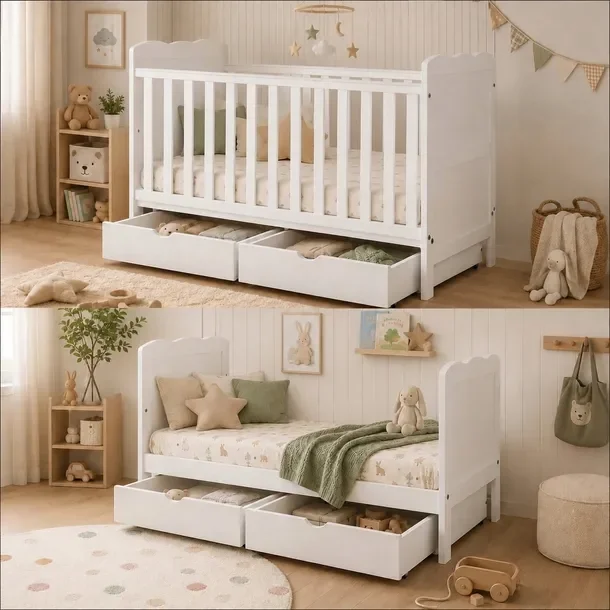 Łóżeczko / Tapczanik ISABEL 2w1 140x70 + 2 szuflady : BIAŁY