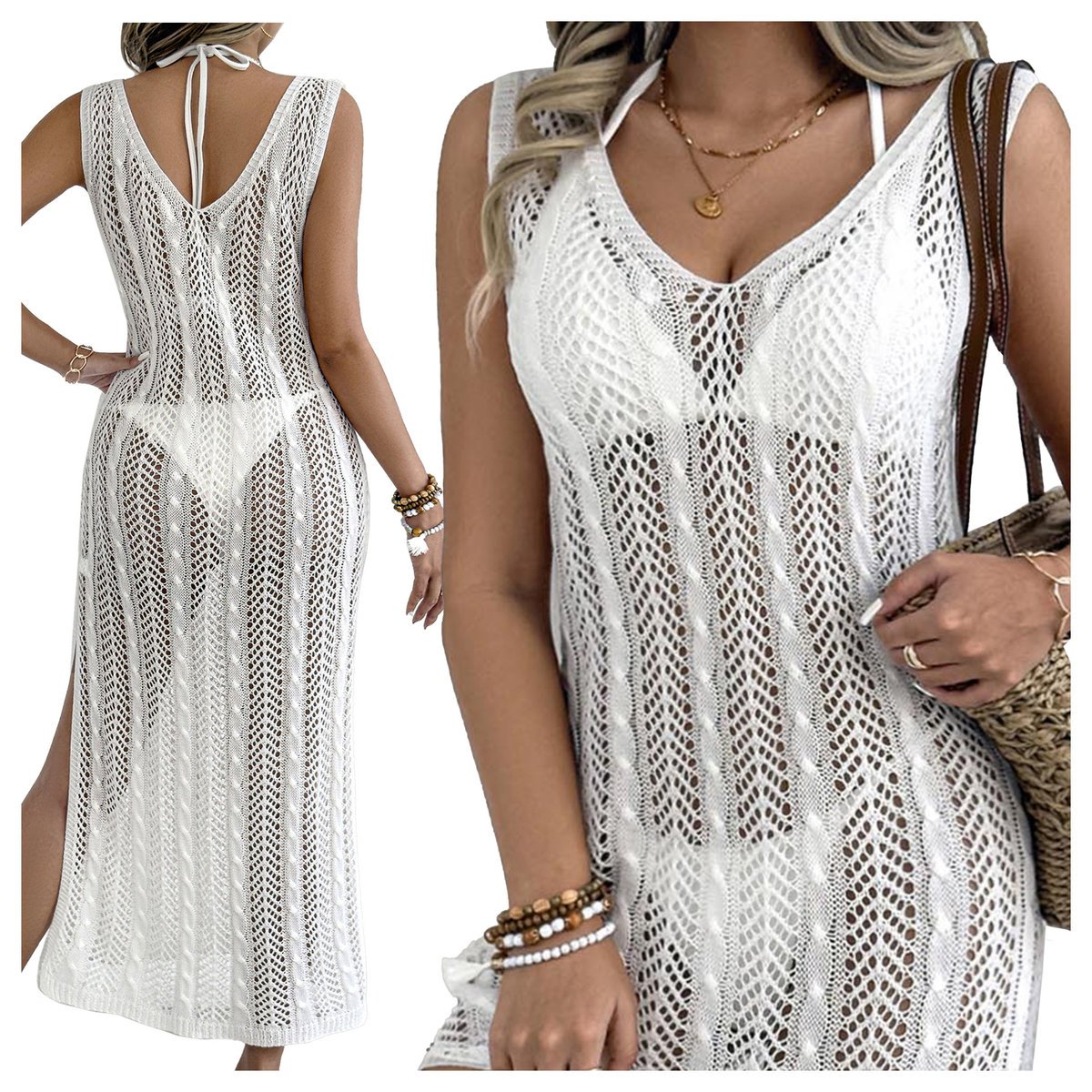 Długa ażurowa sukienka plażowa boho MAXI