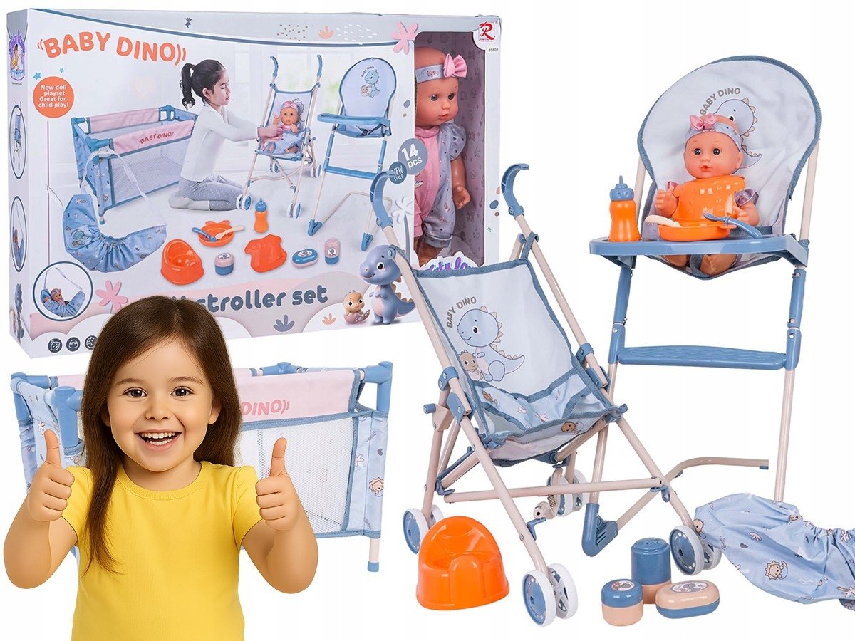 Lalka z łóżeczkiem krzesełko do karmienia Lala Pije Siusia Wózek Spacerowy