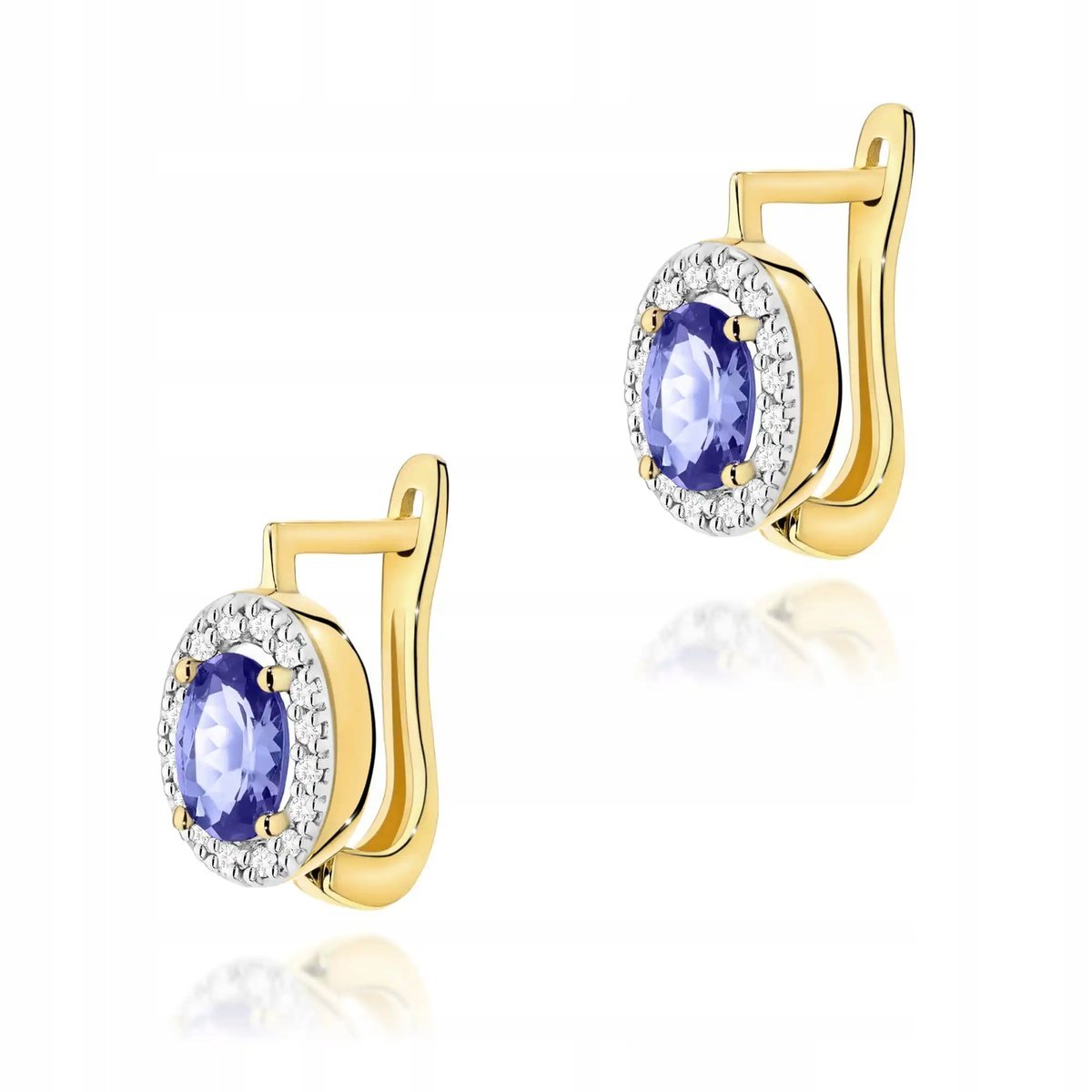 Kolczyki złote damskie 585 z tanzanitem i diamentami eleganckie efektowne