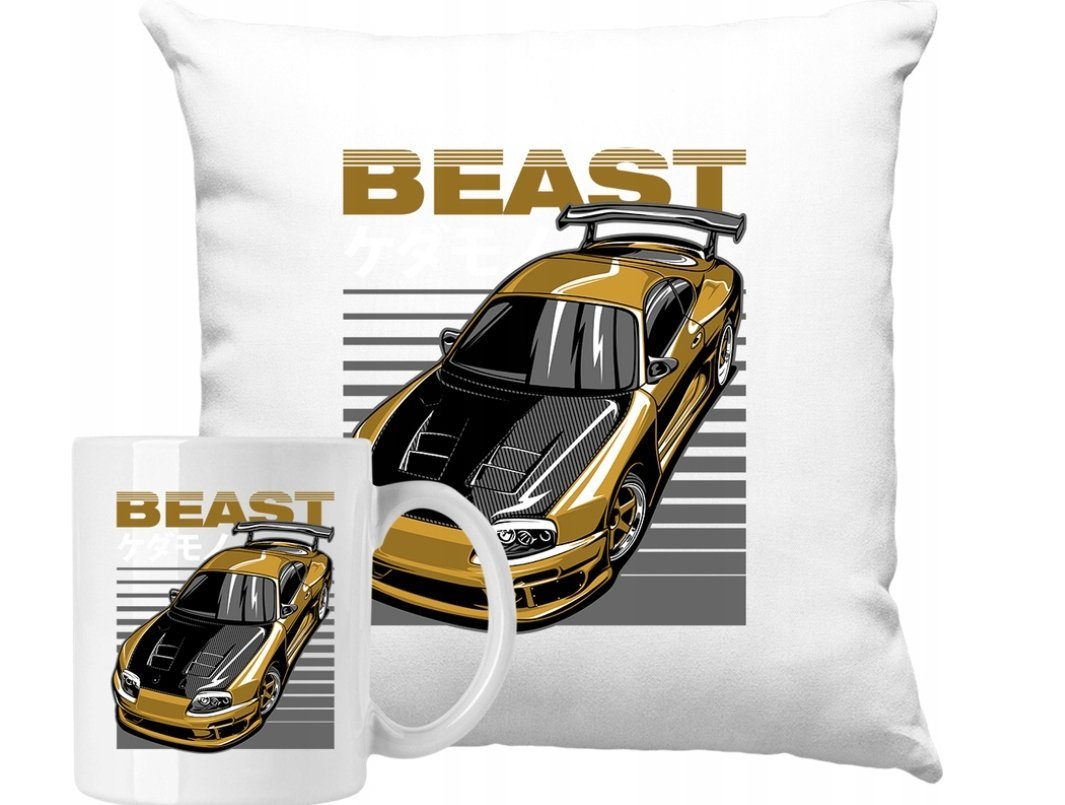 ZESTAW PODUSZKA + KUBEK Auto Motoryzacja Beast Pomysł Na Prezent +IMIĘ