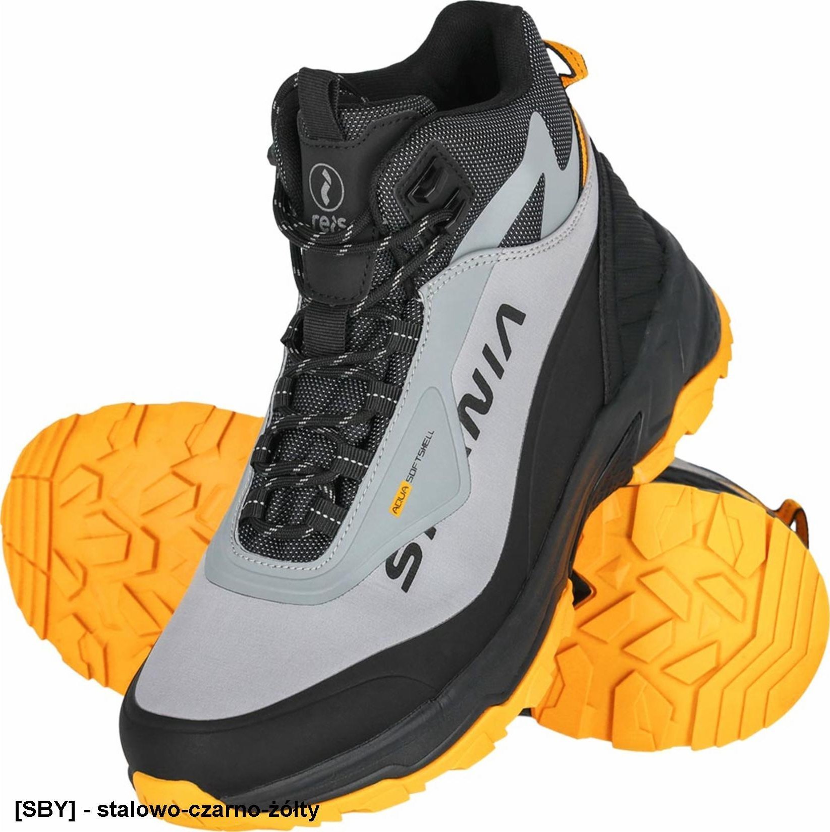 Buty trekkingowe męskie Reis BSPANIA - Buty SPANIA typu trzewik męskie lekkie oddychające wykonane z tkaniny softshell w połączeniu z PU oraz TPU - stalowo-czarno-żółty 44