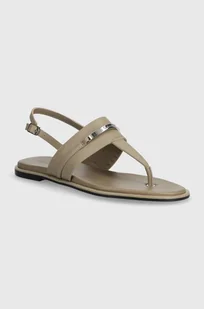 Calvin Klein sandały skórzane FLAT TP SANDAL METAL BAR LTH damskie kolor beżowy HW0HW02031 - Sandały damskie - miniaturka - grafika 1