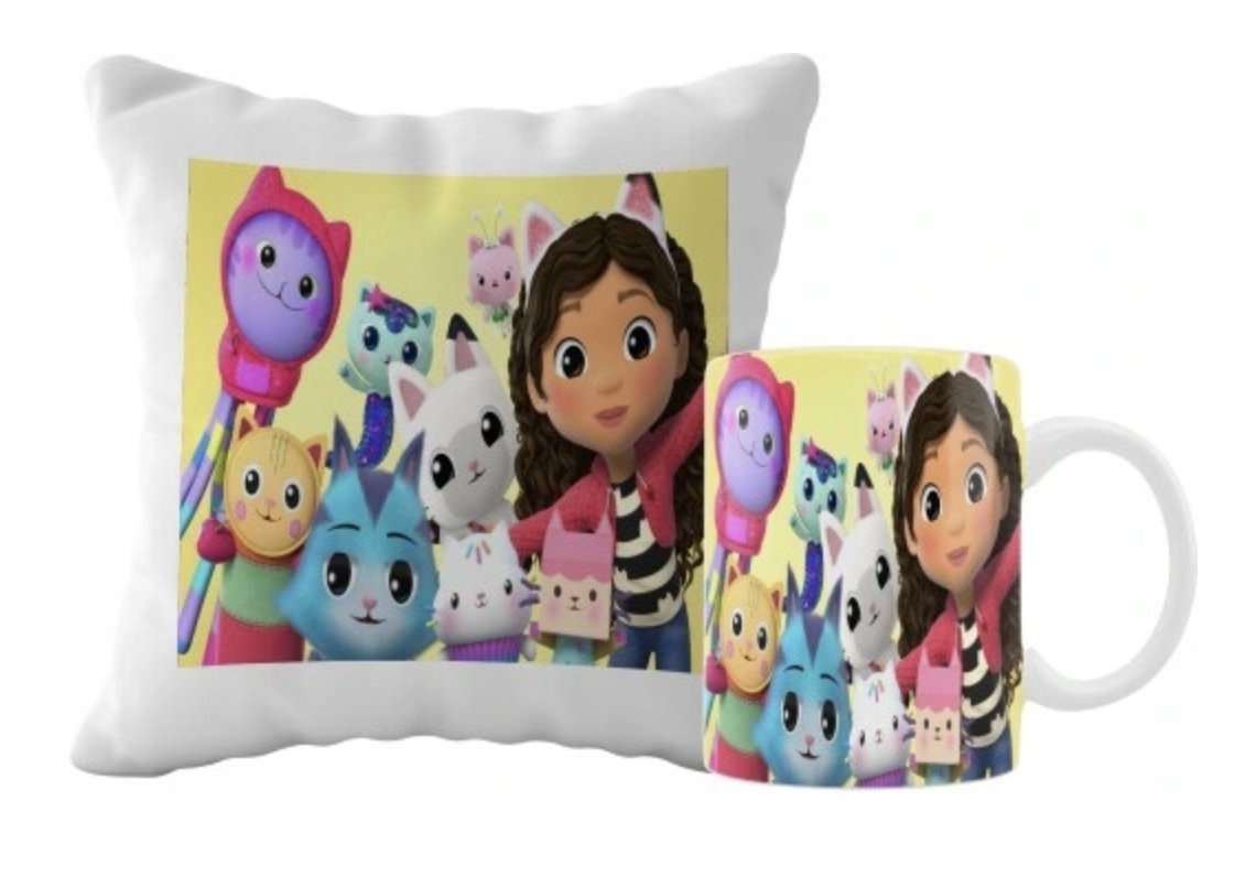 ZESTAW PODUSZKA + KUBEK Prezent KOCI DOMEK GABI GABBYS DOLLHOUSE + IMIĘ 36