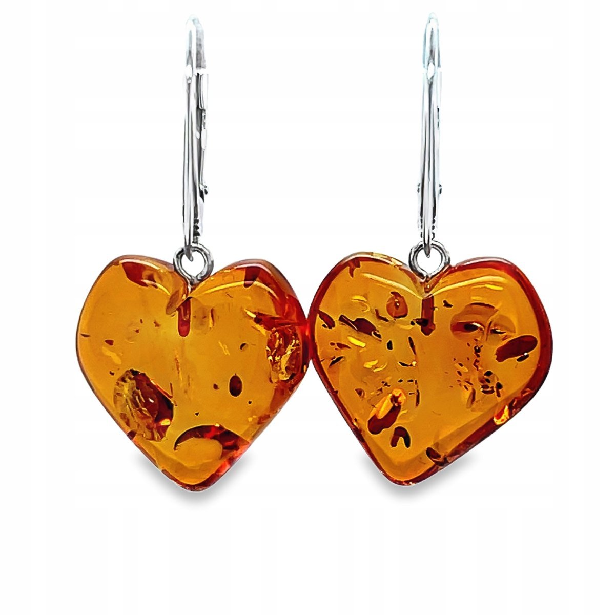 Kolczyki srebrne z BURSZTYNEM bigiel serce KONIAKOWY delikatny