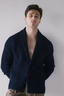 Kardigan z szalowym kołnierzem, granatowy - Swetry męskie - miniaturka - grafika 1