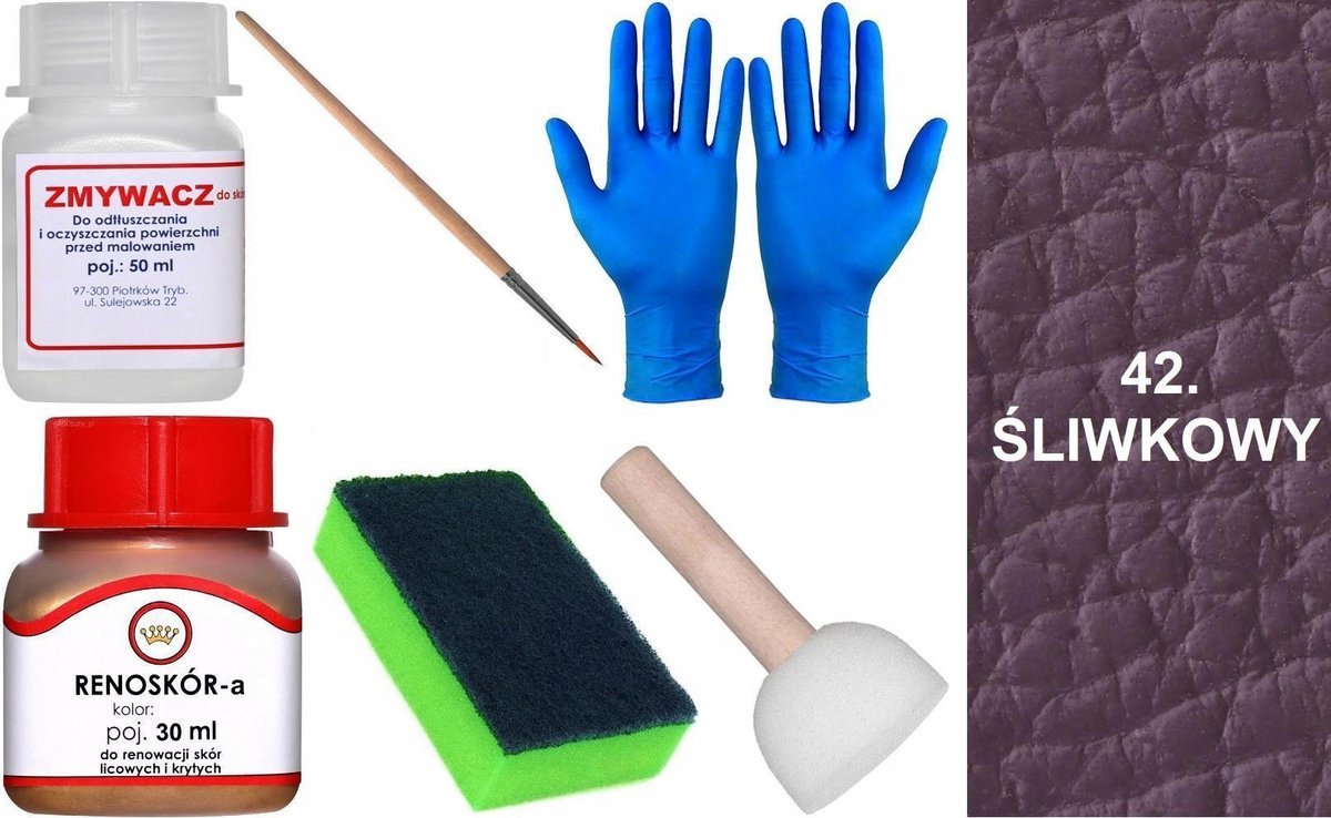 ŚLIWKOWY 42 Renoskór ZESTAW DO RENOWACJI SKÓRY LICOWEJ Farba Zmywacz LAKIER