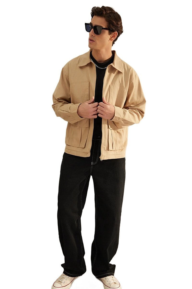 TRENDYOL MAN KURTKA MĘSKA BEŻOWA BAWEŁNIANA ZAMEK KLASYCZNA L 5DA