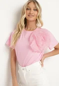 Koszulki i topy damskie - Różowy T-shirt Koszulka z Krótkim Rękawem i Aplikacją w Kształcie Kwiatu Nestairis - miniaturka - grafika 1