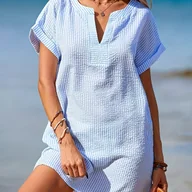 Sukienki - TEMU Damska Sukienka w Paski z Dekoltem w Serek, Letnia Plażowa, Krótki Rękaw, Luźny Fason, Styl Wakacyjny - miniaturka - grafika 1