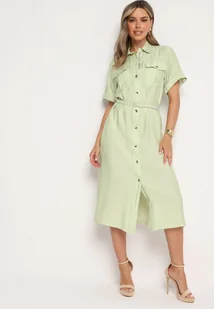 Zielona Wiskozowa Sukienka o Koszulowym Kroju z Paskiem Nelavyn - Sukienki - miniaturka - grafika 1