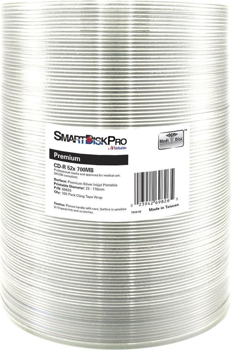 Smartdisk CD-R, 69826, Premium Silver Injekt Printable, 100-pack, 700MB, 52x, 80min., 12cm, wrap, do archiwizacji danych