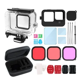 Wodoodporna obudowa do kamery sportowej, wodoodporny zestaw z 2 silikonowymi foliami ochronnymi + 3 utwardzanymi soczewkami + 3 filtrami + 12 płytkami przeciwmgielnymi + zestaw do czyszczenia + etui do przechowywania, kompatybilny z GoPro Hero 12/11/10/9 - Akcesoria do kamer sportowych - miniaturka - grafika 1