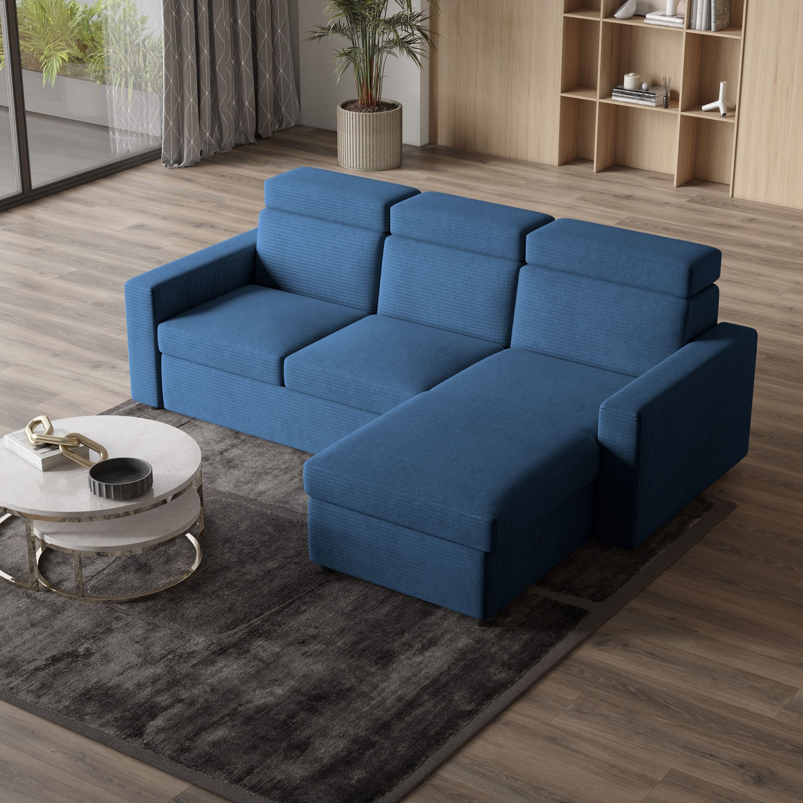 Masseno Narożnik PADWA z funkcją spania i pojemnikiem na pościel Kształt L, Rozkładana sofa, Rogówka - Niebieski, POSO 05
