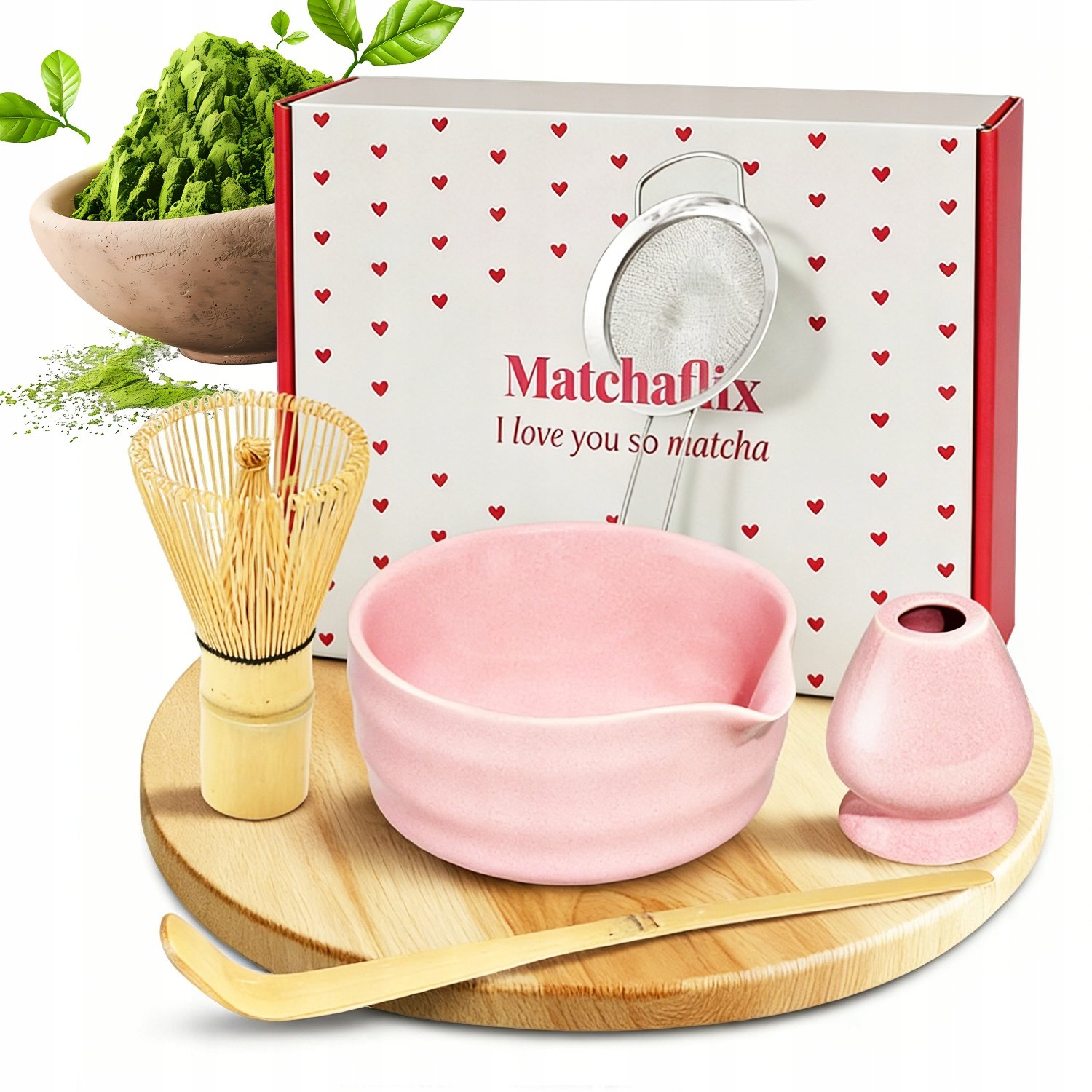 Akcesoria do Robienia Matchy, Zestaw do Matcha z Miską Ceramiczną różowy