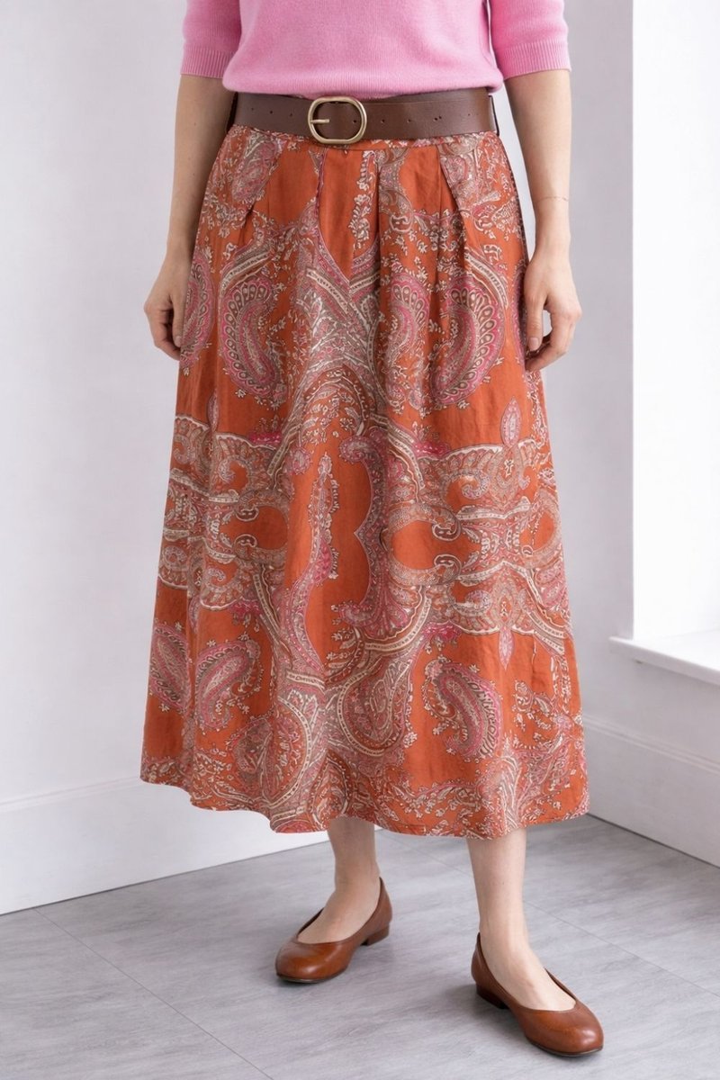 Spódnica damska midi boho paisley ruda z paskiem rozkloszowana Uni