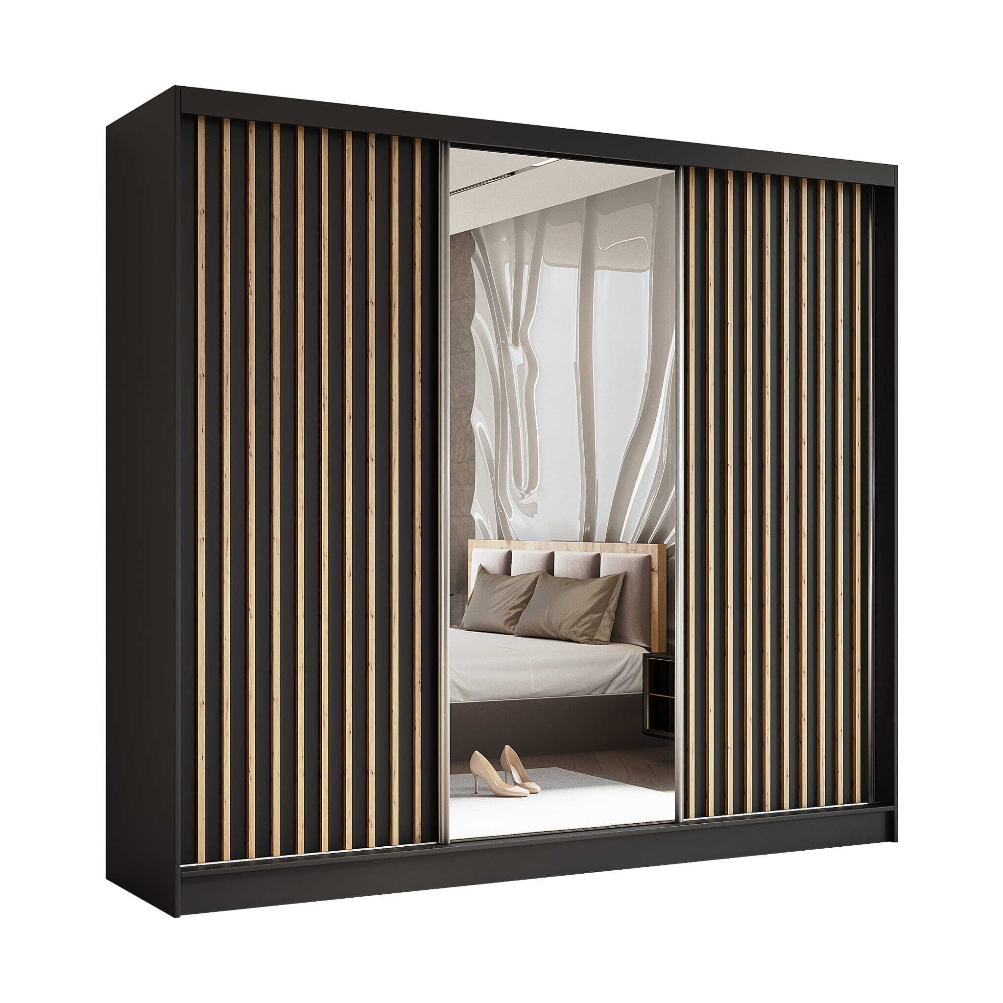 AGMAT szafa z drzwiami przesuwnymi Nevada, szafa z lustrem i 3 drzwiami, nowoczesna szafa w kolorze: czarny, szafa w rozmiarze: 240 x 216 x 61 cm