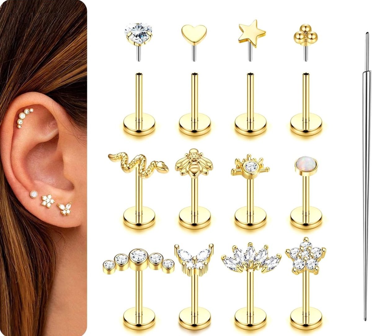 KOLCZYKI PIERCING UCHO NOS USTA HELIX CHRZĄSTKA 6-8MM 12 SZTUK STAL ZŁOTY