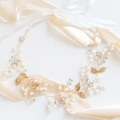 Ozdoby do włosów - Kokonet, Złoty Wianek Perły Cyrkonie Listki Komunia Ślub Ozdoba Do Włosów Na Wesele - miniaturka - grafika 1