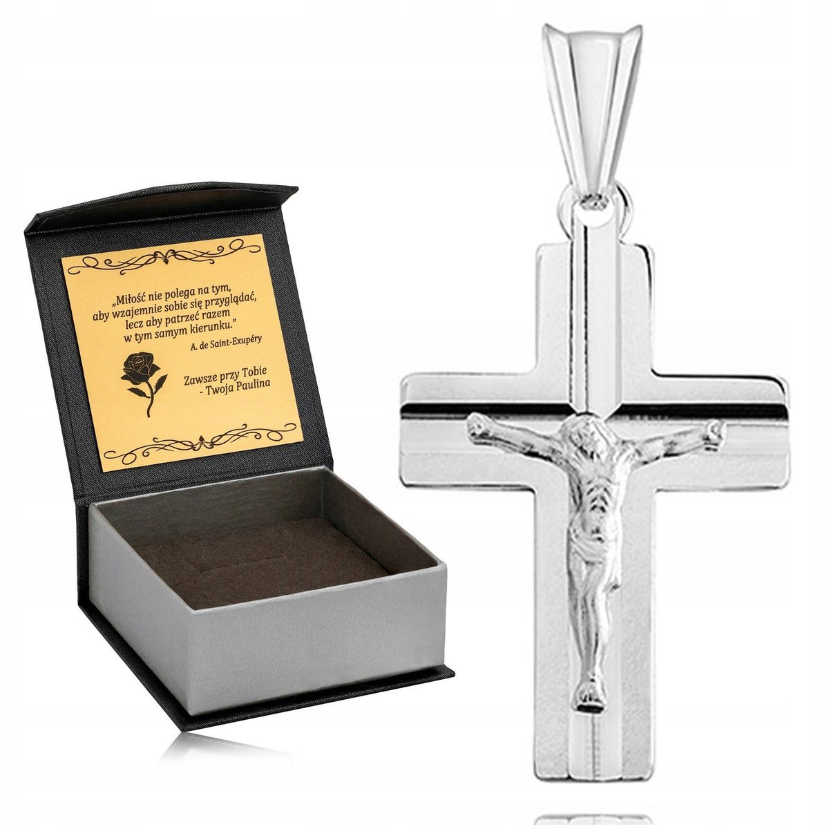 SREBRNY DAMSKI KRZYŻ RODOWANE SREBRO PR 925 WISIOREK KRZYŻYK JEZUS + GRAWER