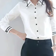 Koszule damskie - TEMU Elegancka Koszula z Kontrastowym Kołnierzem w Kolorze Beżu i Czerni - Długie Rękawy, Półprześwitująca Bluzka Odporna na Zagniecenia Białe Guzyki - miniaturka - grafika 1