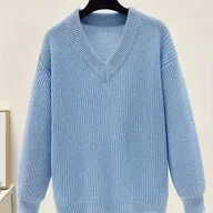 Swetry damskie - TEMU Elegancki sweter damski z dekoltem w serek - Miękki różowy sweter z długim rękawem, luźny sweter na jesień/zimę, na co dzień i na specjalne - miniaturka - grafika 1