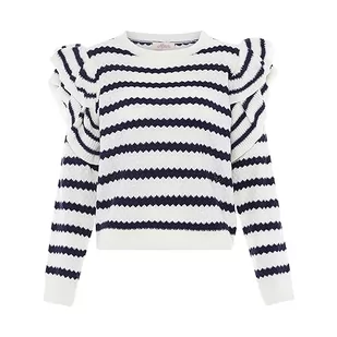Aleva Damski sweter w paski z falbankami i okrągłym dekoltem, wełniano-biały, granatowy, rozmiar XL/XXL, Wełniana biel morska, XL - Swetry damskie - miniaturka - grafika 1