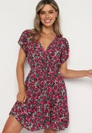 Sukienki - Różowo-Czarna Bawełniana Sukienka z Gumką w Talii i Dekoltem w Serek o Kwiatowym Wzorze Doradea - miniaturka - grafika 1