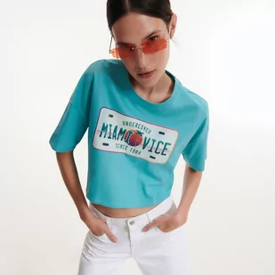 Reserved T-shirt Miami Vice - Turkusowy - Koszulki i topy damskie - miniaturka - grafika 1