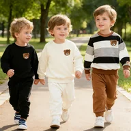 Dresy i komplety dla chłopców - TEMU Zestaw zimowy dla chłopca 3 szt./6 szt. z bluza z kapturem i spodniami - Uroczy haft z misiem, sweter w paski i ubrania z elastycznym pasem, - miniaturka - grafika 1