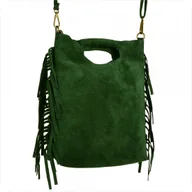 Torebki damskie - Lekka zamszowa torebka na ramię ozdobnymi frędzlami zieleń butelkowa - miniaturka - grafika 1