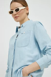 Koszule damskie - Lee koszula z domieszką lnu kolor niebieski regular z kołnierzykiem klasycznym - grafika 1