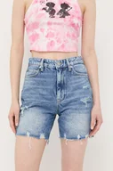 Spodenki damskie - Guess szorty jeansowe damskie kolor niebieski gładkie high waist - miniaturka - grafika 1