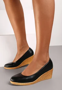 Czarne Półbuty na Plecionym Koturnie ze Skórzaną Wkładką Terivannes - Półbuty damskie - miniaturka - grafika 1