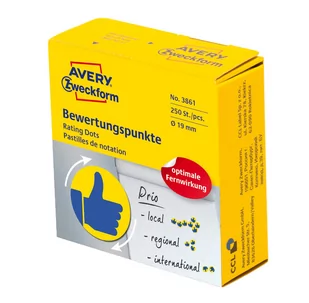 Avery Zweckform Kółka z symbolami do zaznaczania w dyspenserze 'Kciuk', trwałe, 250 szt. / rolka, $1519 mm, żółto-niebiskie, Zweckform 3861 - Etykiety do drukarek - miniaturka - grafika 3