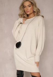 Jasnobeżowa Dzianinowa Sukienka Mini z Torebką w Kształcie Serca Fuksenia - Sukienki - miniaturka - grafika 1
