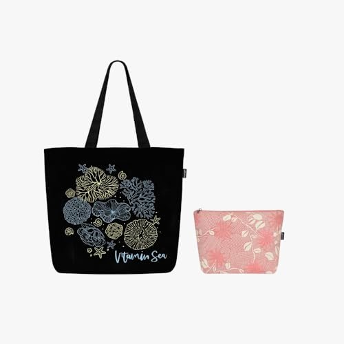 Ecoright duża torba płócienna dla kobiet, zapinana na zamek błyskawiczny, wewnętrzna kieszeń na zakupy, do biura i na co dzień (tote & Cosmetic Pouch), Witamina Sea & Leaf Lines, jeden rozmiar,