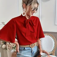 Koszule damskie - TEMU Elegancka czerwona bluzka z wiązaniem z przodu i rękawami w kształcie skrzydła nietoperza - stójka, detale z wiązaniem, krótki rękaw, noszenie - miniaturka - grafika 1