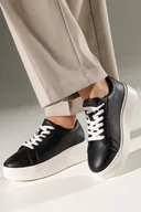 Półbuty damskie - Czarne sneakersy skórzane damskie Sergio Leone na białej platformie sznurowane SP024-CA - miniaturka - grafika 1