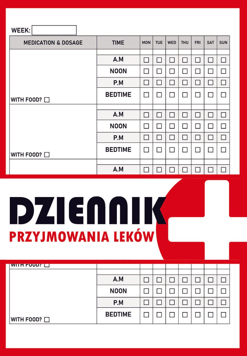 Dziennik przyjmowania leków prosty łatwy notatnik, kalendarz do śledzenia leczenia dzienne i tygodniowe