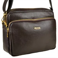 Torebki damskie - Modna skórzana torebka listonoszka brąz czekolada złote okucia VEZZE - miniaturka - grafika 1