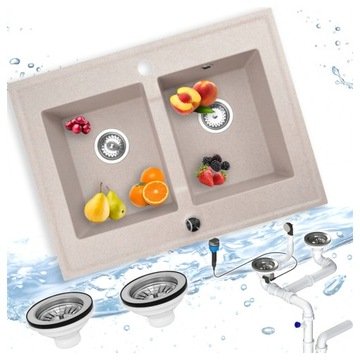 APKOMFORT Zlewozmywak Granitowy Dwukomorowy 80x60 cm Beżowy