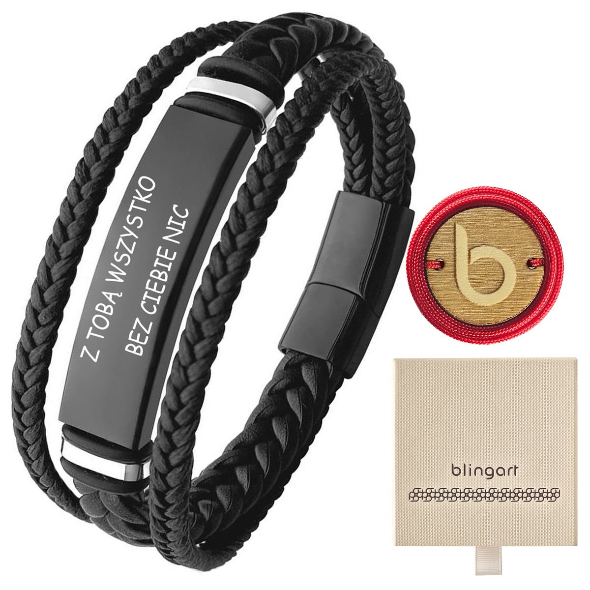 Bransoletka męska potrójna czarna skórzana z blasz