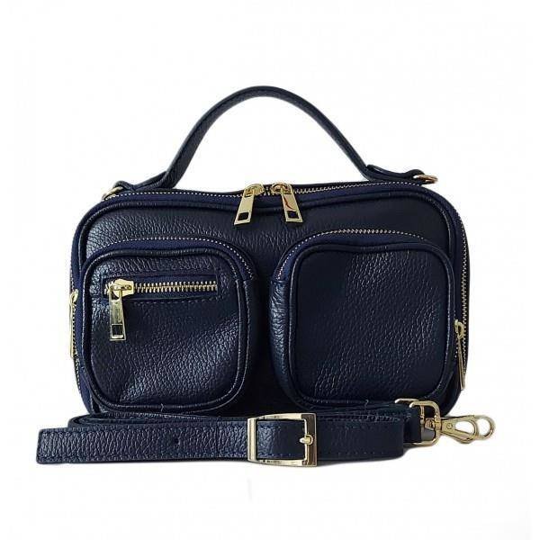 Zgrabny elegancki kuferek, listonoszka kieszonki A5 złote okucia Vera Pelle Granatowa VPMC15BS